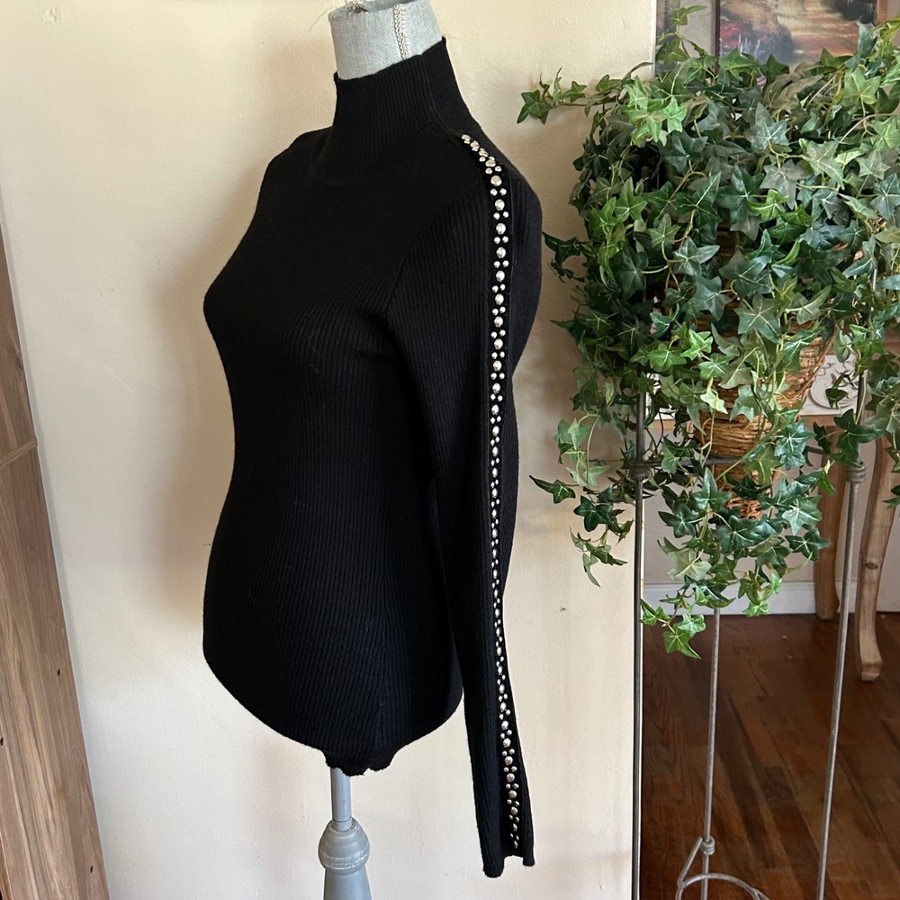 Cache Ribbed Mock Neck Sweater Womens Large Black Excellent Studded Sleeve